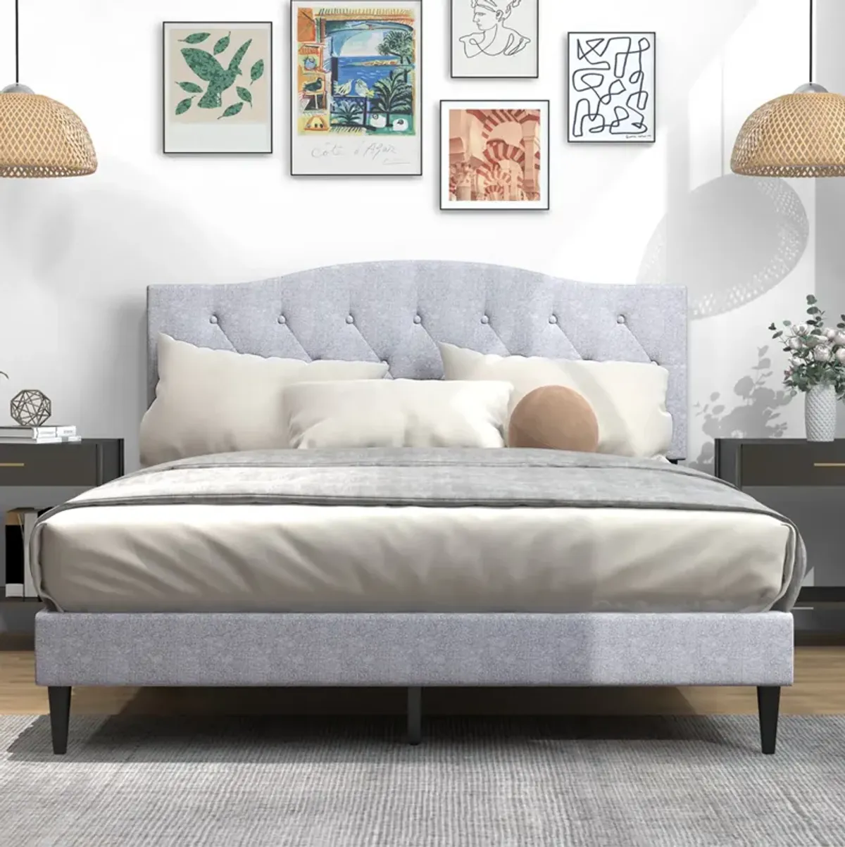 Queen Size Upholstered Platform Bed with Button Tufted Headboard-Queen Size