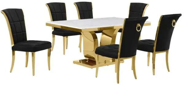 7pc Small(66") marble top dining set with gold base and 6 Black side chairs