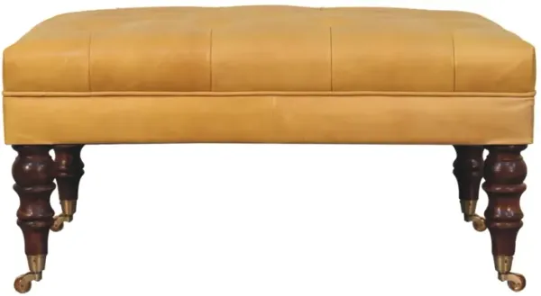 Artisan Furniture Solid Wood Honey Caramel Buffalo Ash Black Leather Ottoman with Castor Legs