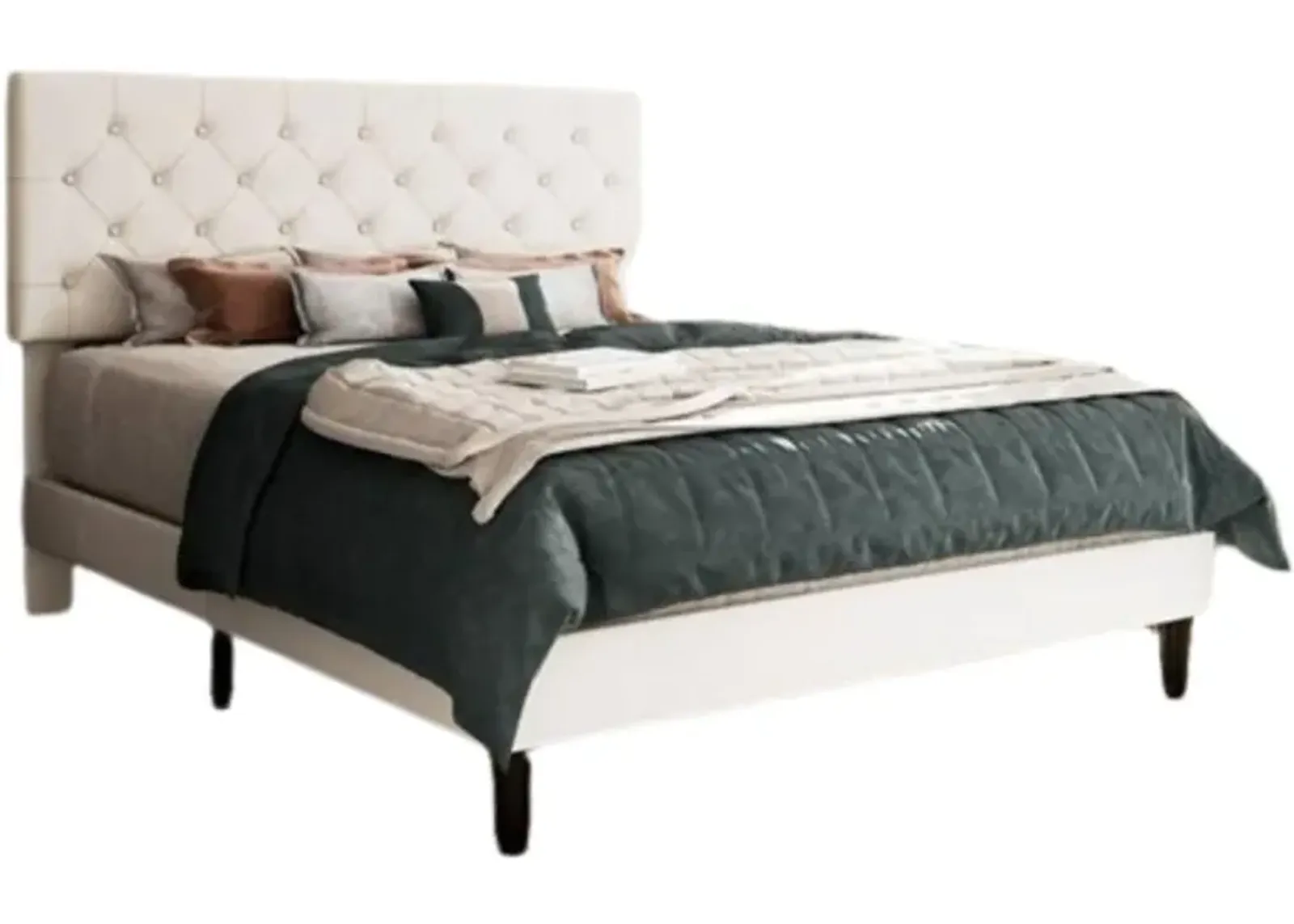 Hivvago Queen White Faux Leather Upholstered Platform Bed with Button Tufted Headboard