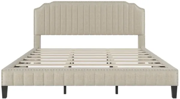 Merax Modern Linen Curved Upholstered Platform Bed , Solid Wood Frame , Nailhead Trim
