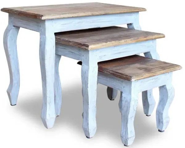 3pc Nesting End Table Set, Light Blue Turned Legs Brown Reclaimed Wood - Benzara