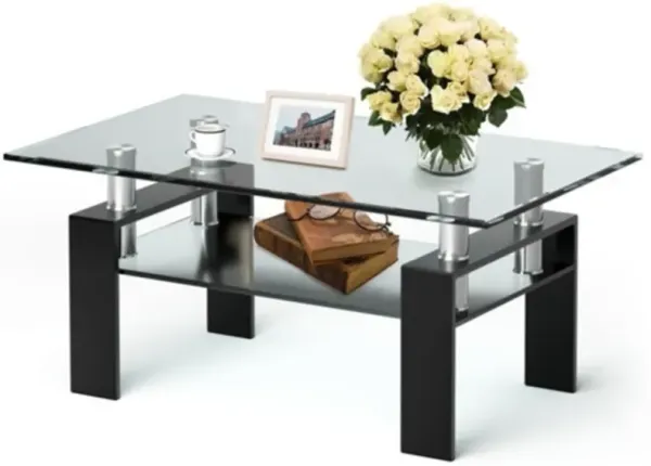 Elegant 2-Tier Glass Coffee Table with Metal Legs – Modern Design for Living Room Décor