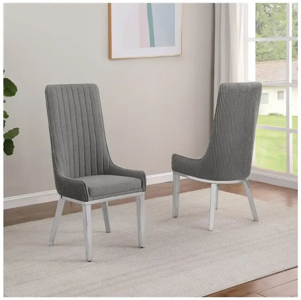 Best Quality Furniture 9Pc Tempered Glass Dining Set 8 Rich Gray Boucle Side Chairs And Silver Base