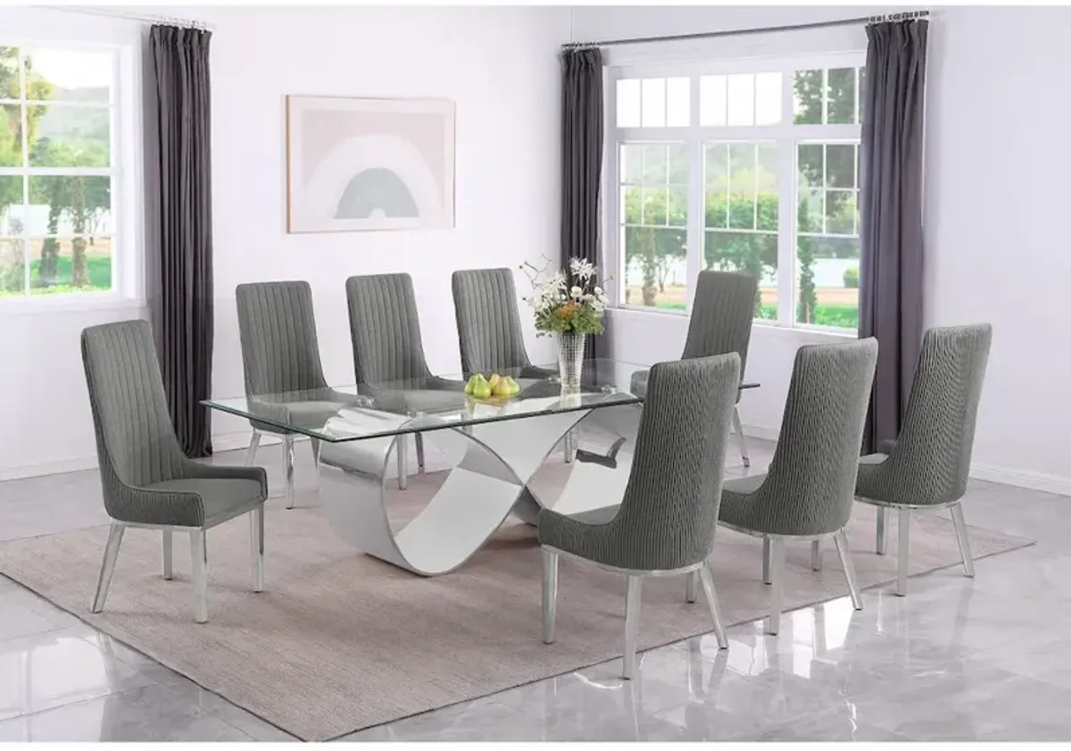 Best Quality Furniture 9Pc Tempered Glass Dining Set 8 Rich Gray Boucle Side Chairs And Silver Base