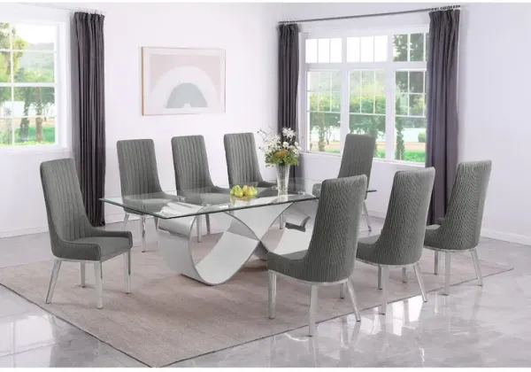 Best Quality Furniture 9Pc Tempered Glass Dining Set 8 Rich Gray Boucle Side Chairs And Silver Base