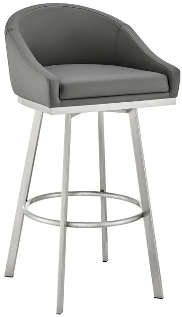 Sheryl 30 Inch Metal Swivel Bar Stool Chair, Low Back, Gray Faux Leather-Benzara
