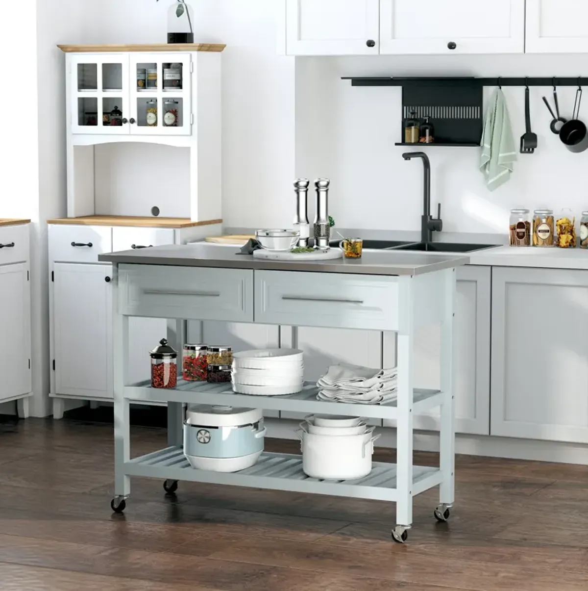 Mobile Kitchen Assistant: Gray Utility Cart with Stainless Top & Drawers