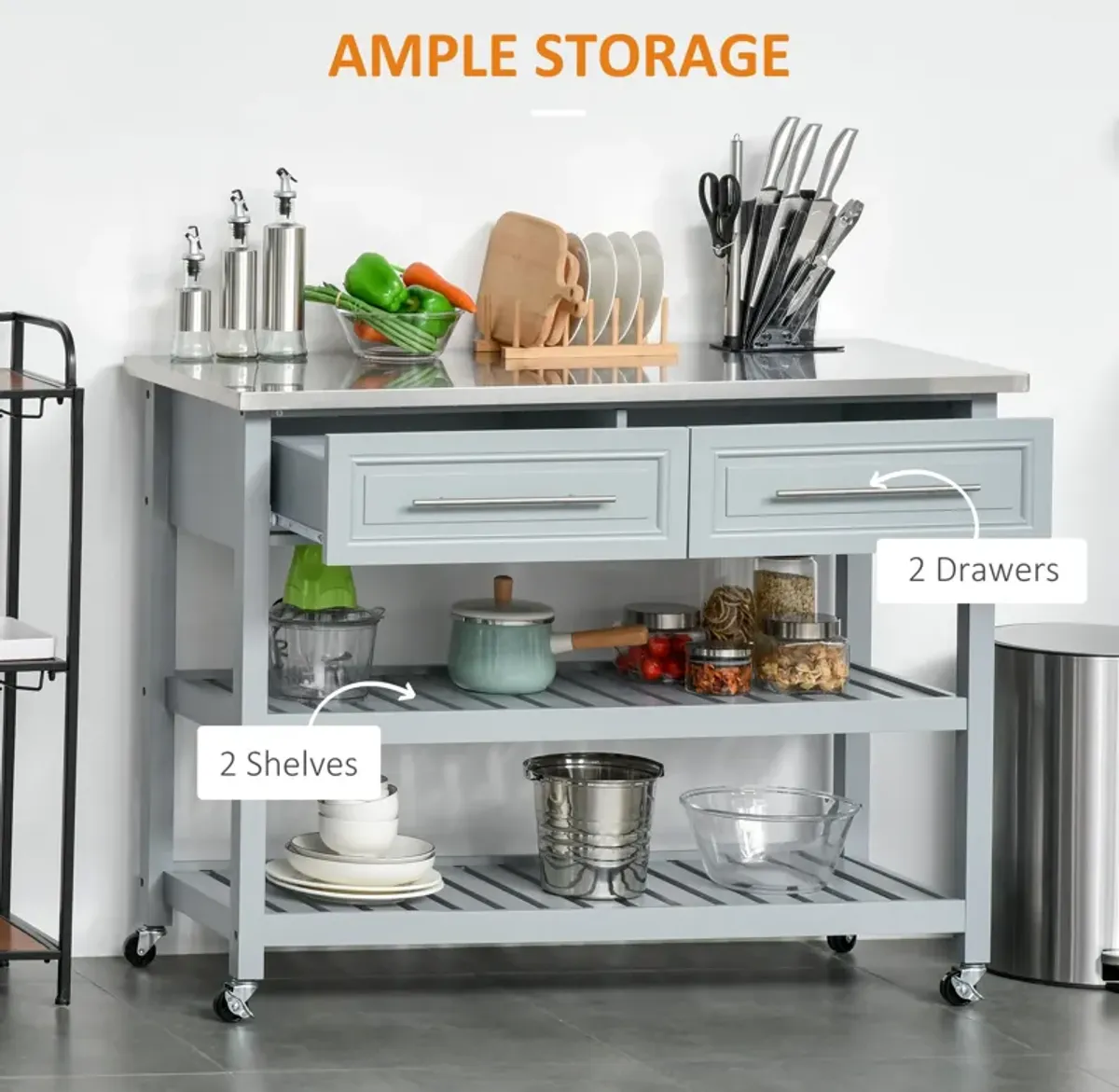 Mobile Kitchen Assistant: Gray Utility Cart with Stainless Top & Drawers