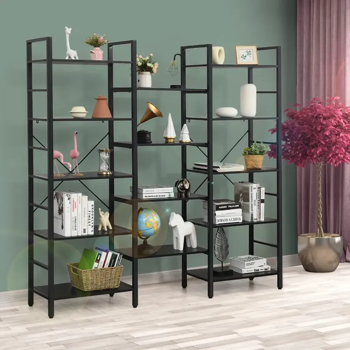 Vintage Triple Wide 5-Tier Bookcase for Stylish Storage and Display - Black Bookshelf