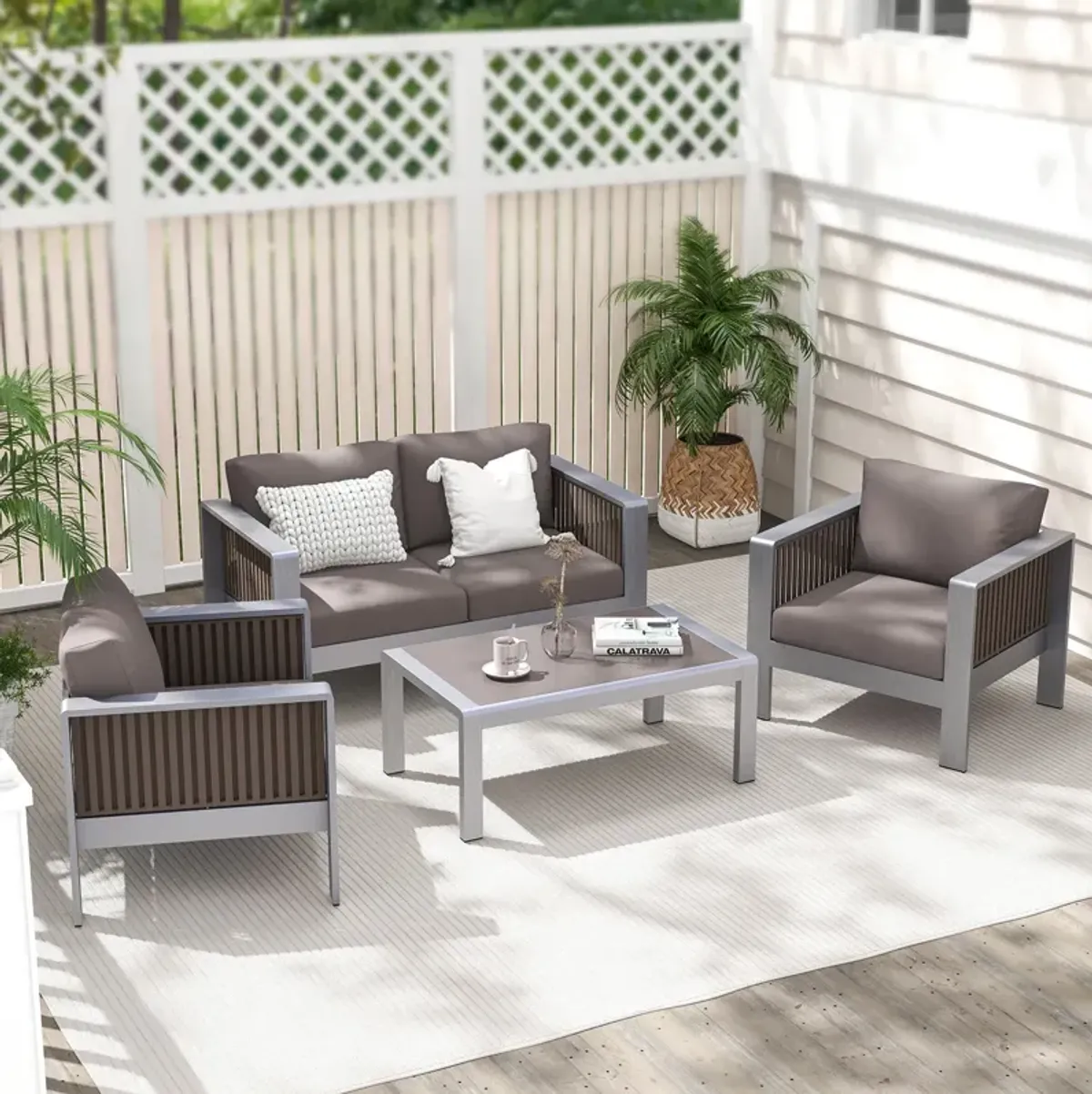 Outdoor Rectangle Coffee Table with Tempered Glass Tabletop for Backyard Poolside-Grey