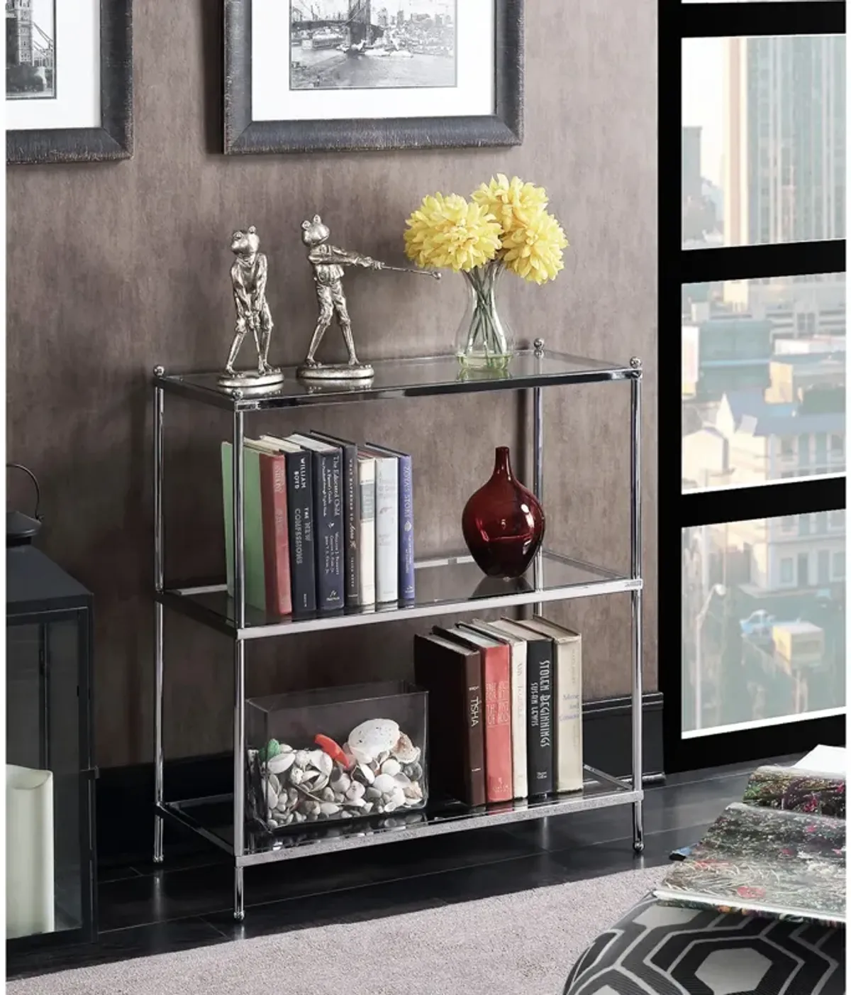 Convenience Concepts Royal Crest 3 Tier Bookcase, Chrome / Glass