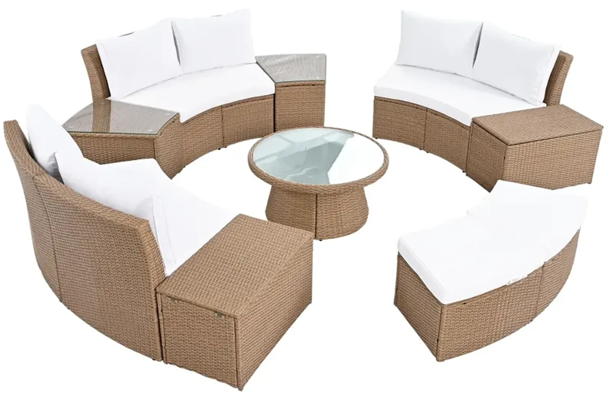 Whisen 10-Piece Half Round Patio Sofa Set, Outdoor Sectional with PE Wicker Rattan, Includes Cushions & Free Combination Design - Blue