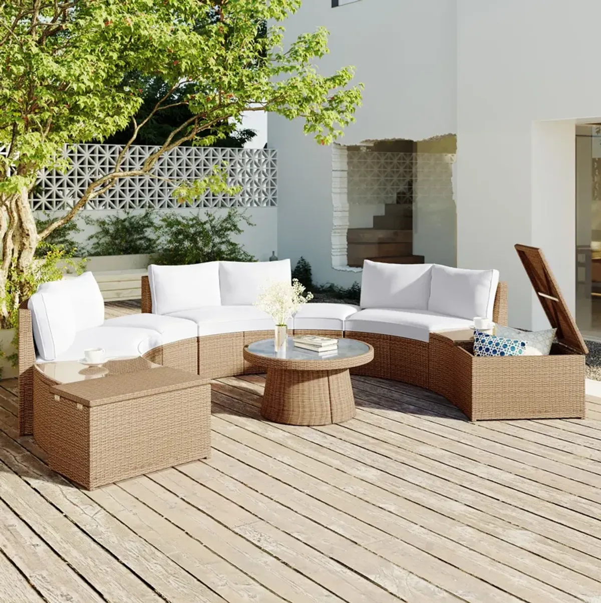 Whisen 10-Piece Half Round Patio Sofa Set, Outdoor Sectional with PE Wicker Rattan, Includes Cushions & Free Combination Design - Blue