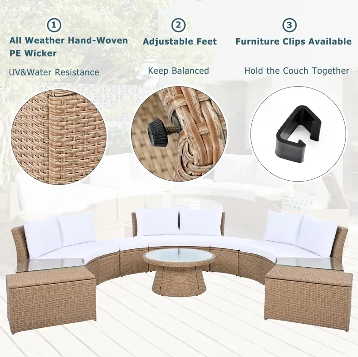 Whisen 10-Piece Half Round Patio Sofa Set, Outdoor Sectional with PE Wicker Rattan, Includes Cushions & Free Combination Design - Blue