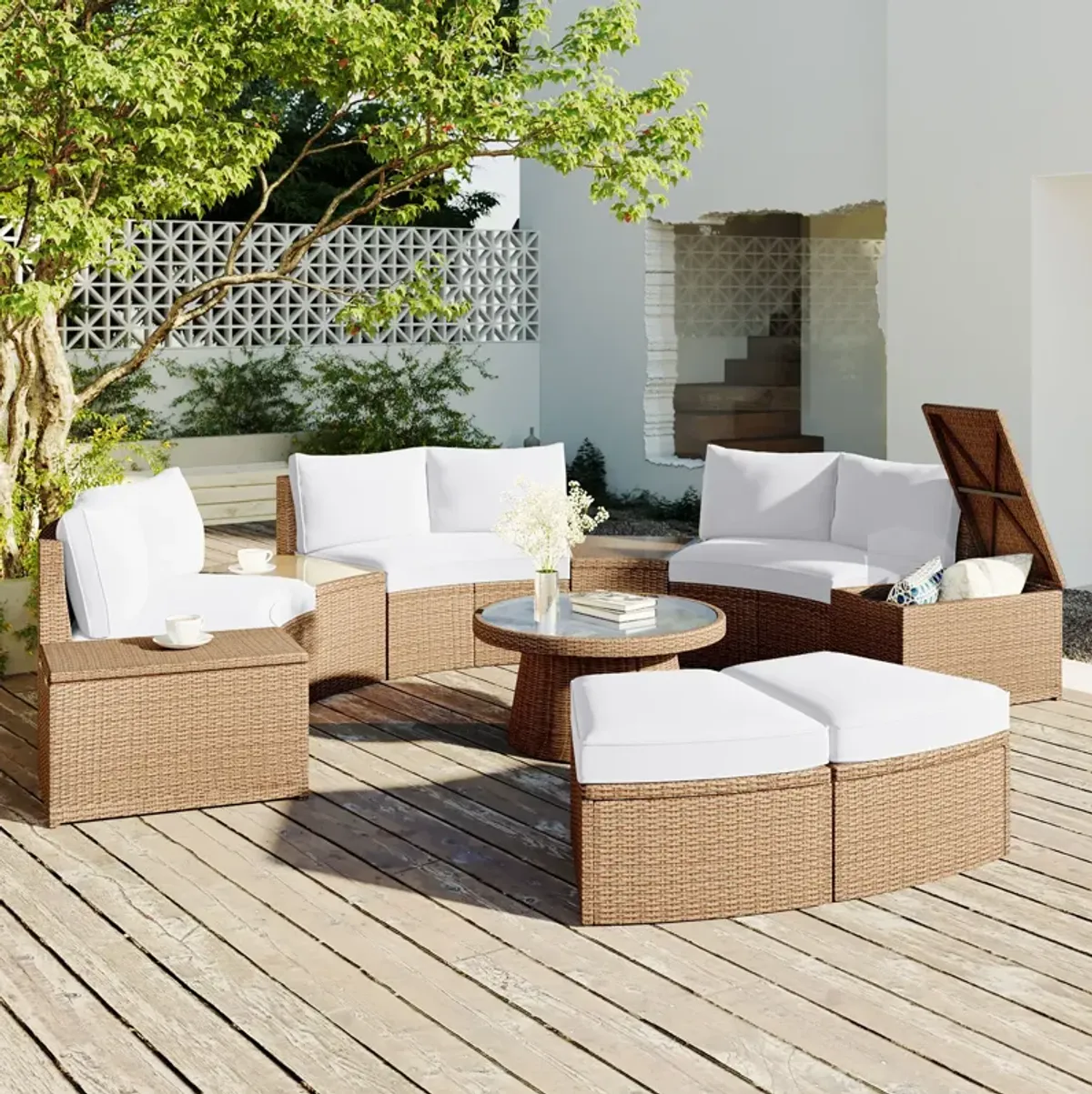Whisen 10-Piece Half Round Patio Sofa Set, Outdoor Sectional with PE Wicker Rattan, Includes Cushions & Free Combination Design - Blue
