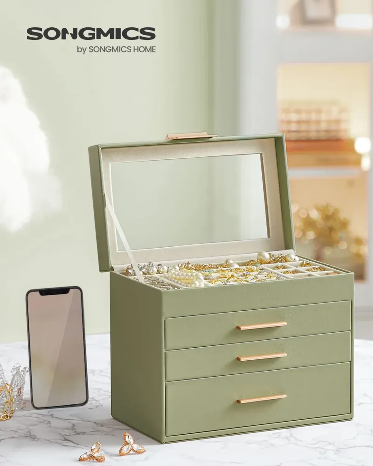 4-Layer Jewelry Box with Glass Lid and 3 Drawers - Modern Organizer for Sunglasses and Big Jewelry