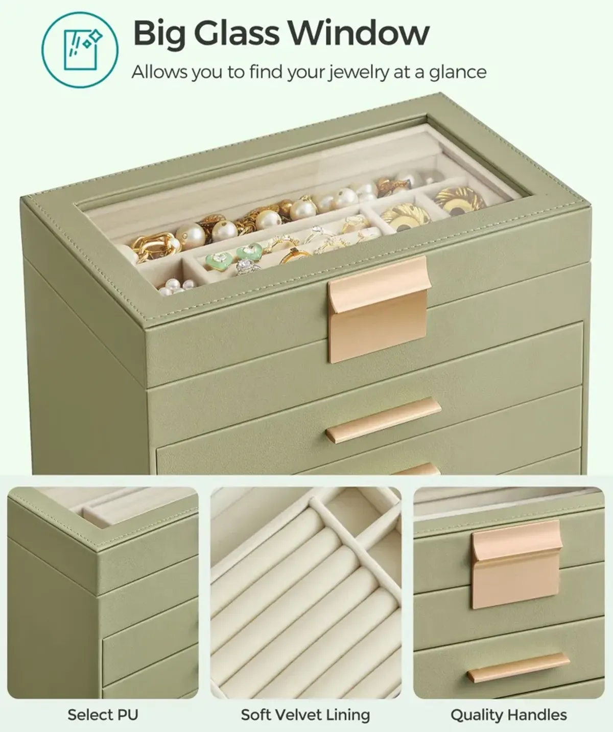 4-Layer Jewelry Box with Glass Lid and 3 Drawers - Modern Organizer for Sunglasses and Big Jewelry