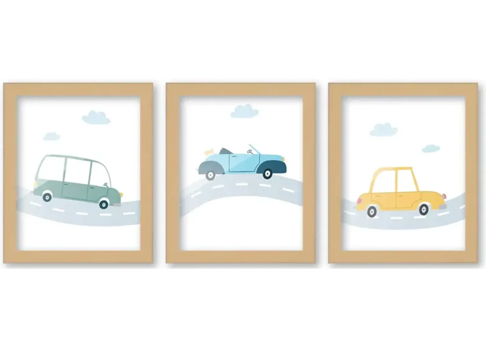 8x10 Framed Nursery Wall Art Set of 3 Hand Drawn Car Prints in Natural Wood Frames