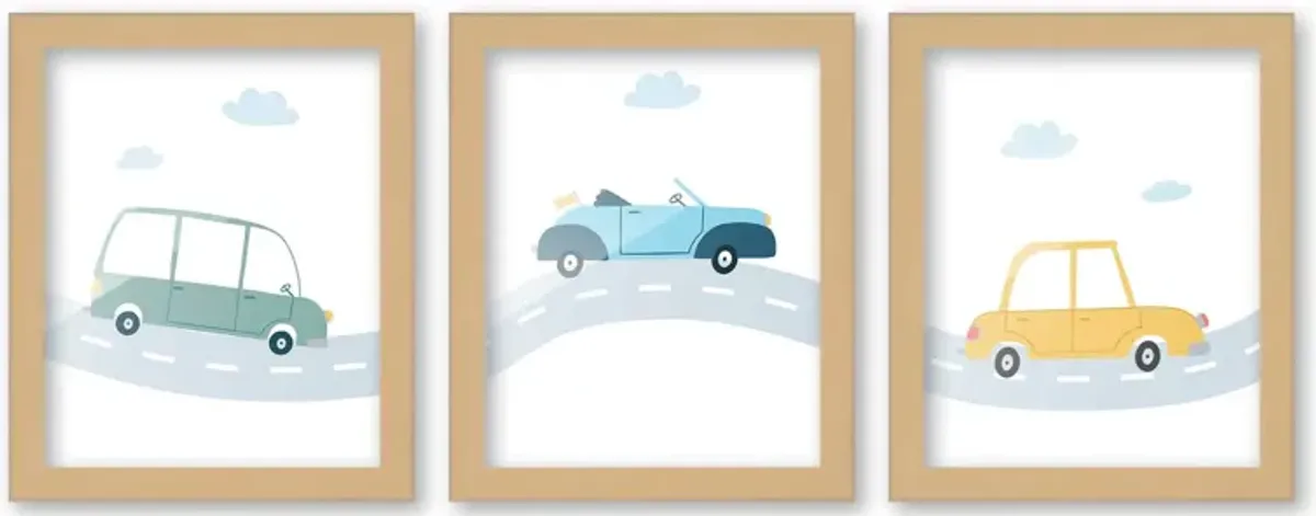 8x10 Framed Nursery Wall Art Set of 3 Hand Drawn Car Prints in Natural Wood Frames