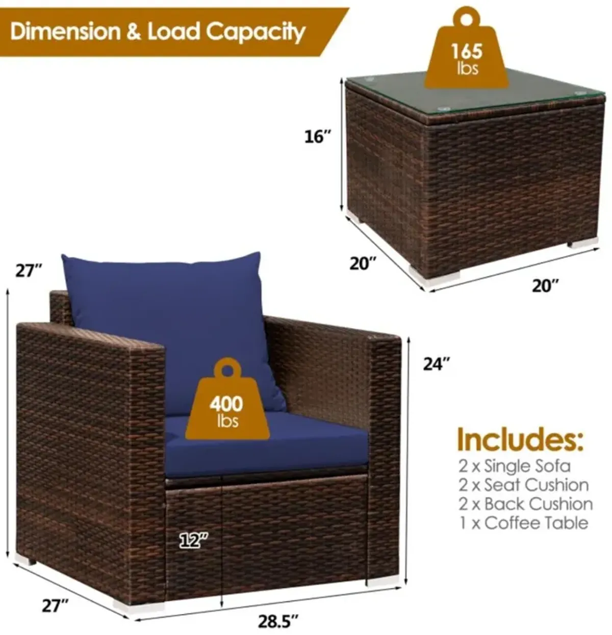 Hivvago 3 Pieces Patio Conversation Rattan Furniture Set with Cushion