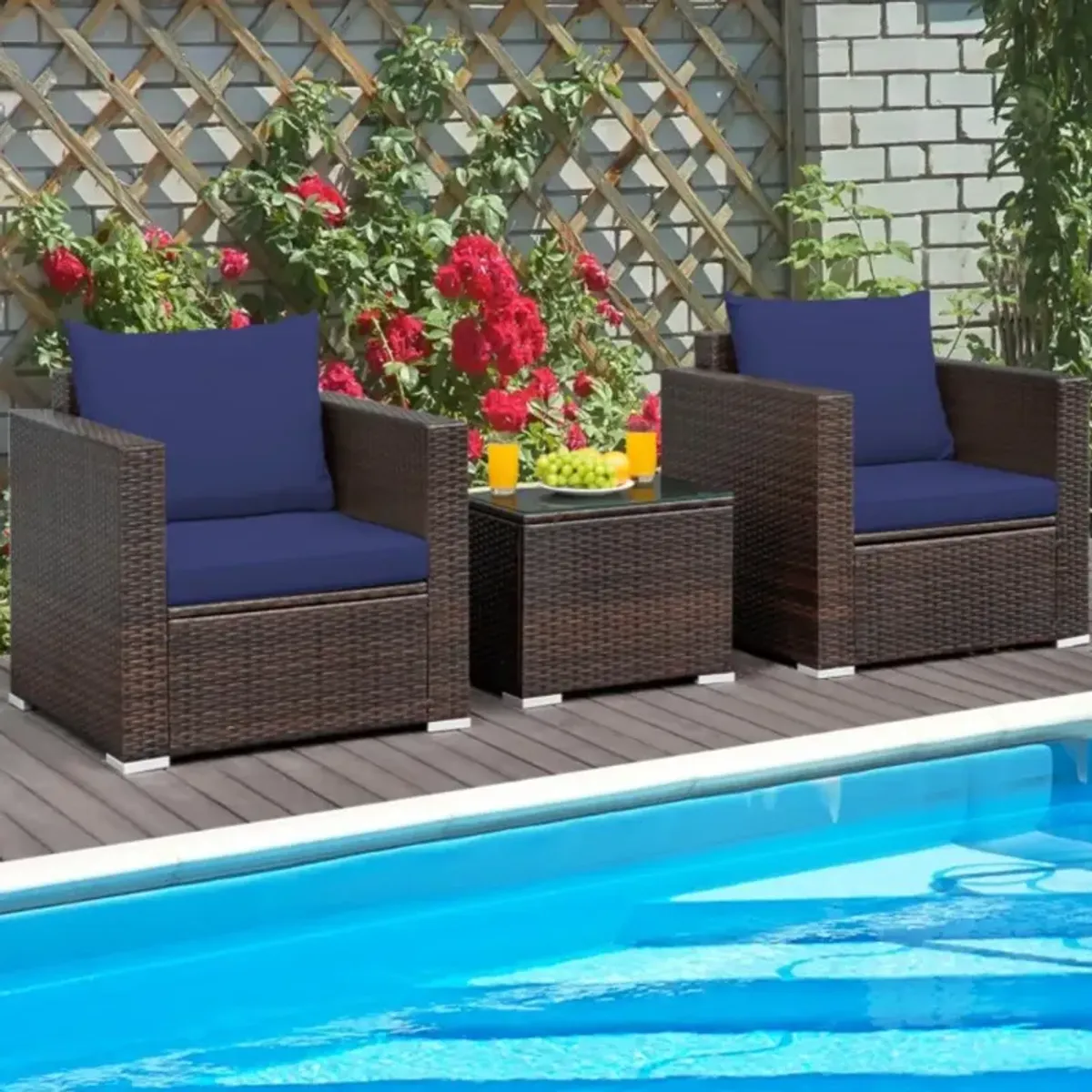 Hivvago 3 Pieces Patio Conversation Rattan Furniture Set with Cushion