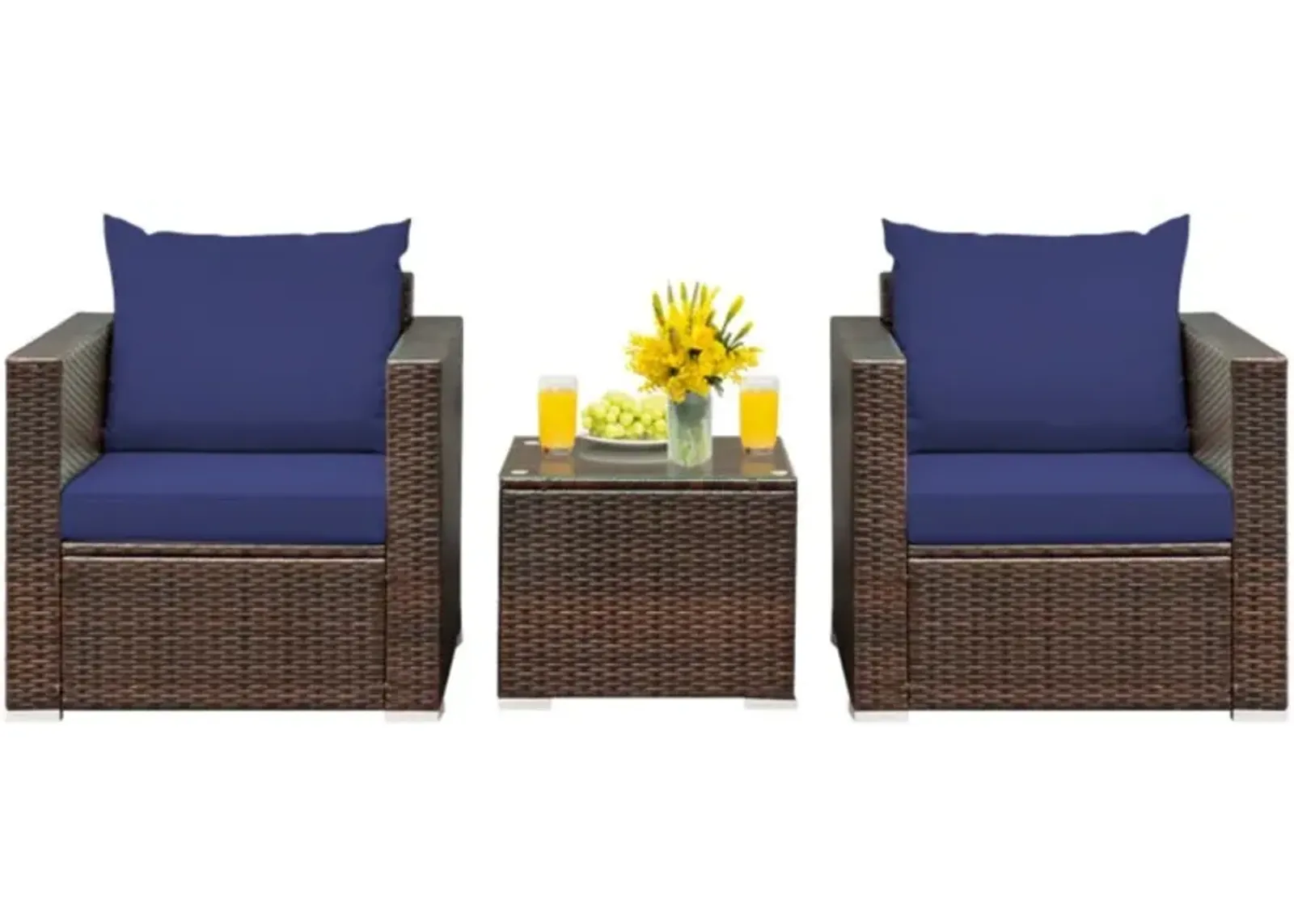 Hivvago 3 Pieces Patio Conversation Rattan Furniture Set with Cushion