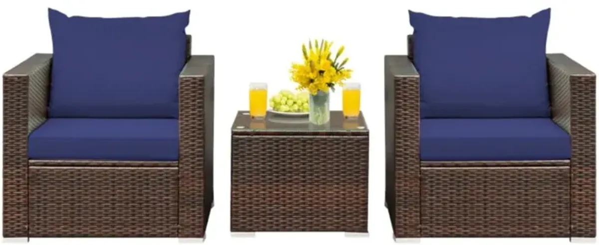 Hivvago 3 Pieces Patio Conversation Rattan Furniture Set with Cushion