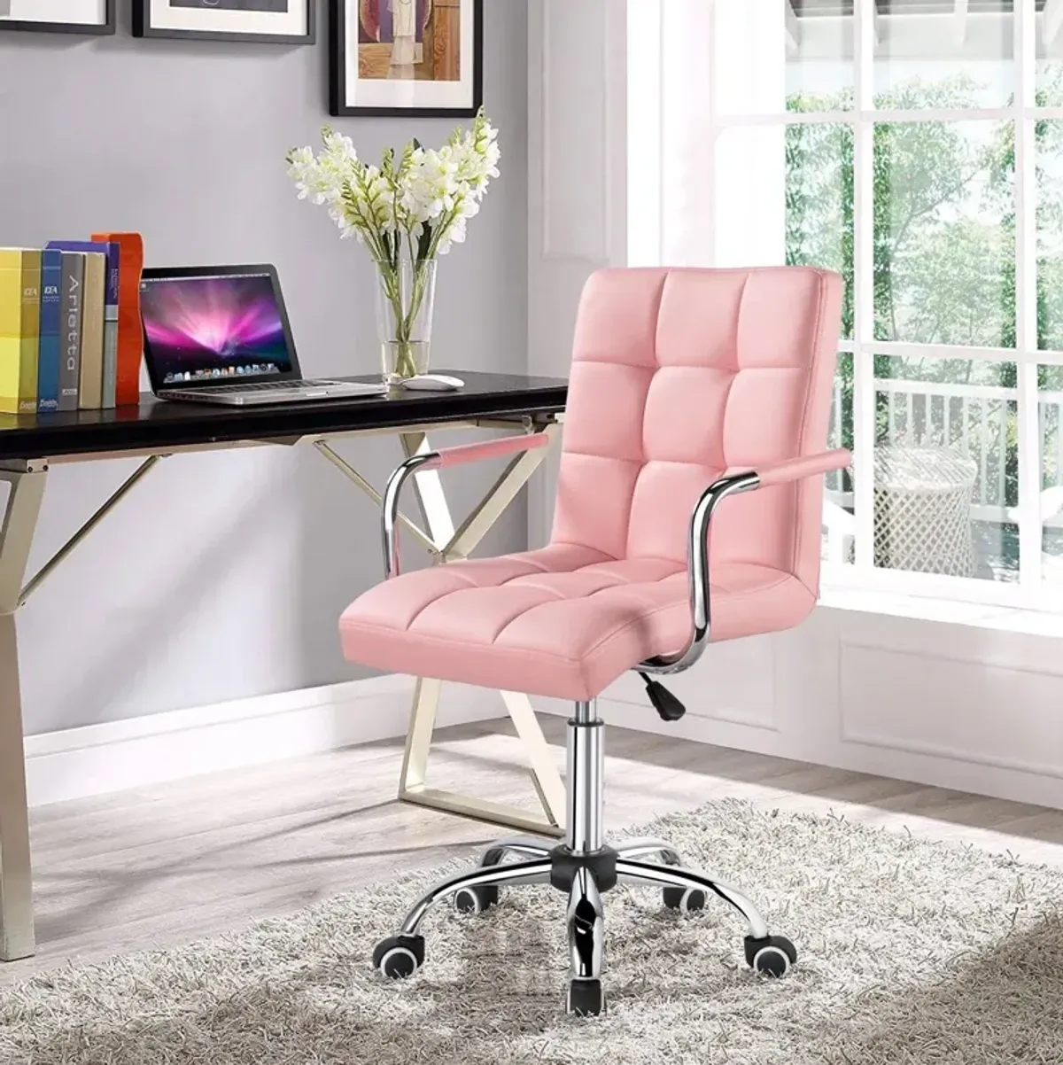 Hivvago Pink Modern Faux Leather Mid-Back Swivel Office Chair with Armrests and Wheels