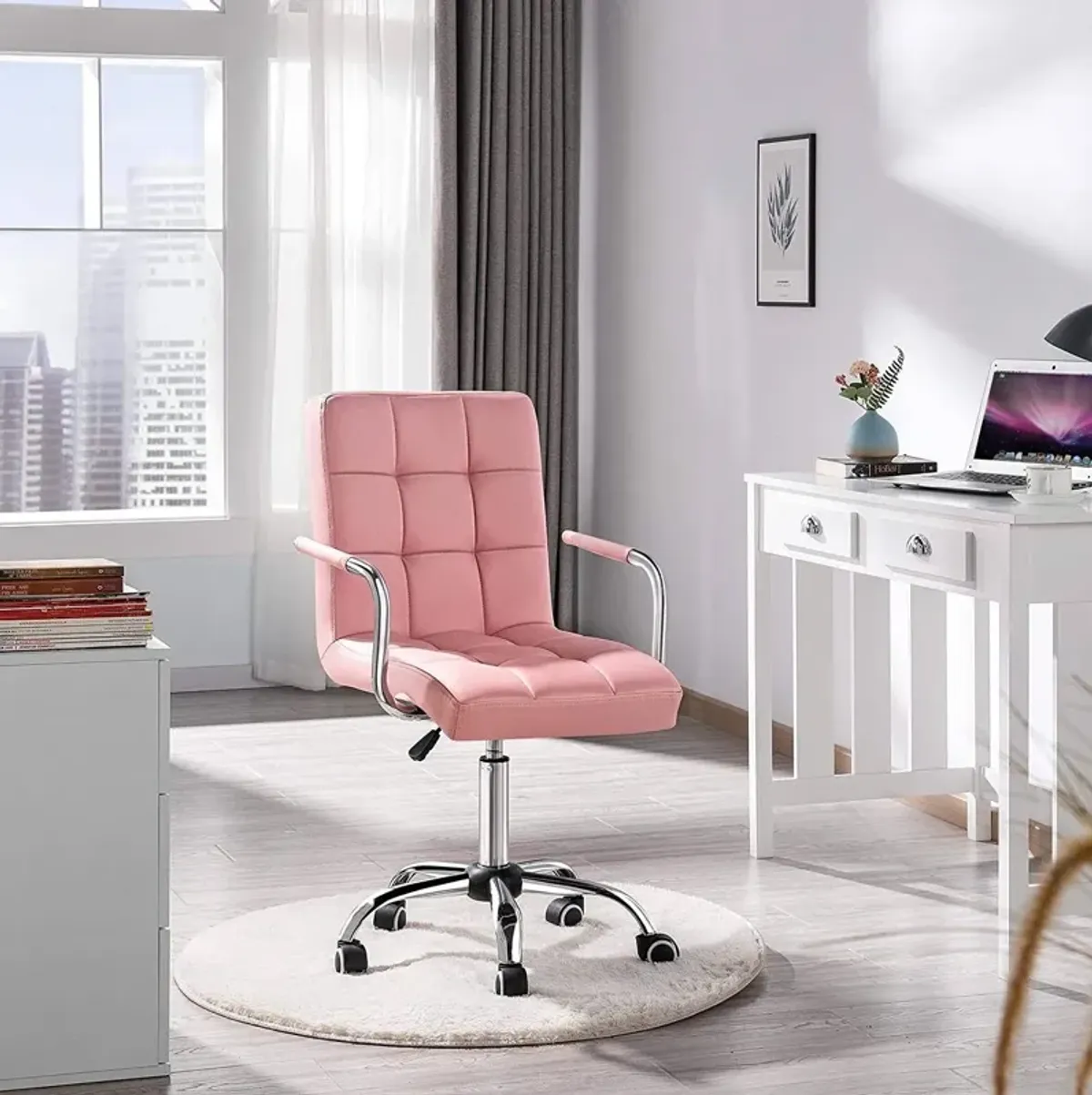 Hivvago Pink Modern Faux Leather Mid-Back Swivel Office Chair with Armrests and Wheels