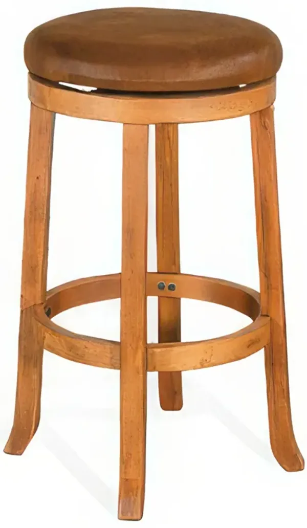 Marv Swivel Barstool Set of 2, Brown Faux Leather, Mahogany Wood - Benzara