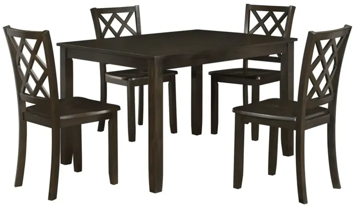 Ava 5pc Dining Table Set, 4 Lattice Back Chairs, Brown Rubberwood Frame - Benzara