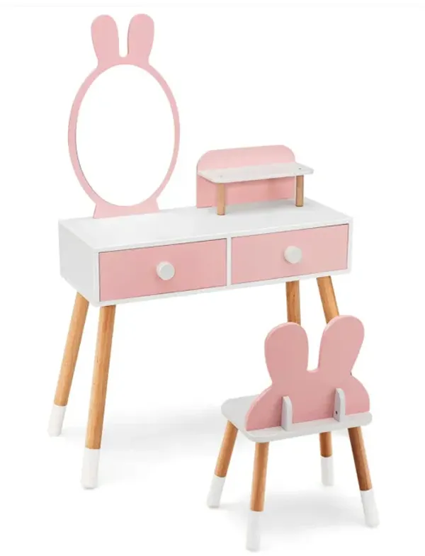 Kids Vanity Table and Chair Set with Drawer Shelf and Rabbit Mirror-Pink