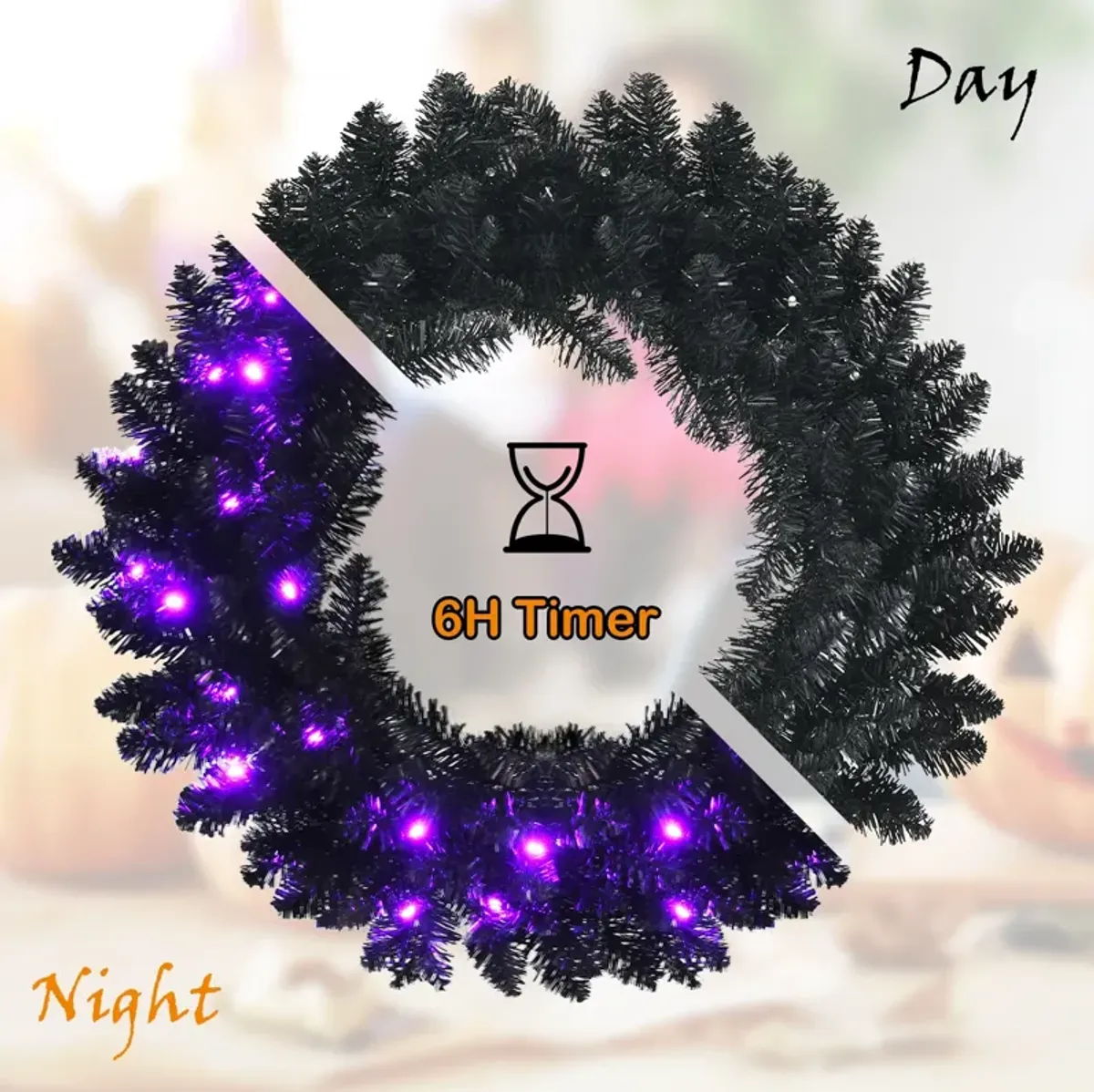 24 Inch Pre-lit Halloween Wreath with 35 Purple LED Lights