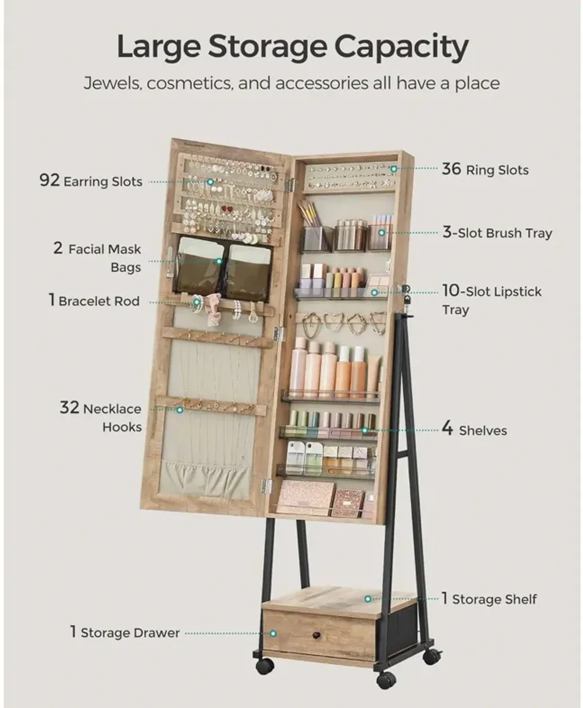 Industrial Modern Metal Jewelry Armoire Cabinet Organizer Mirror on Wheels