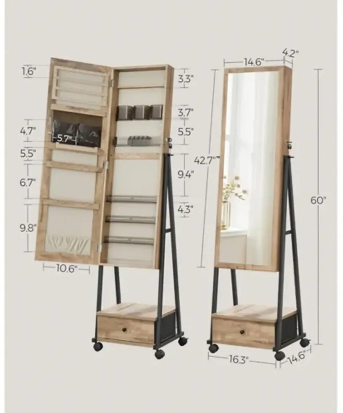 Industrial Modern Metal Jewelry Armoire Cabinet Organizer Mirror on Wheels