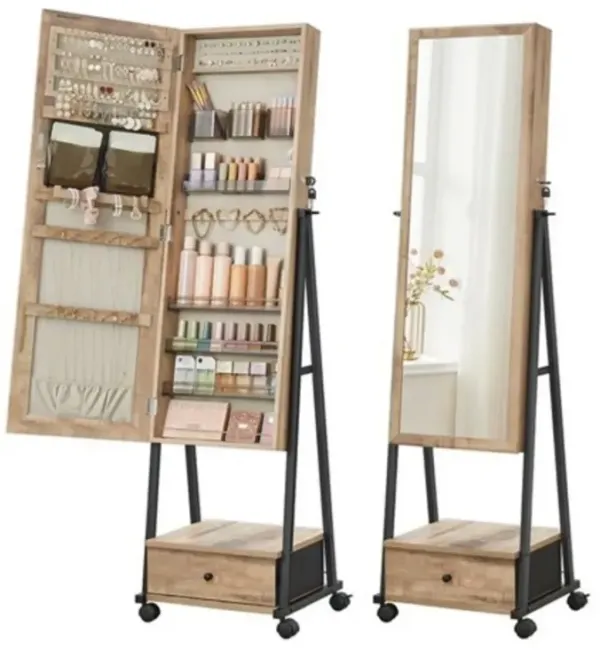Industrial Modern Metal Jewelry Armoire Cabinet Organizer Mirror on Wheels
