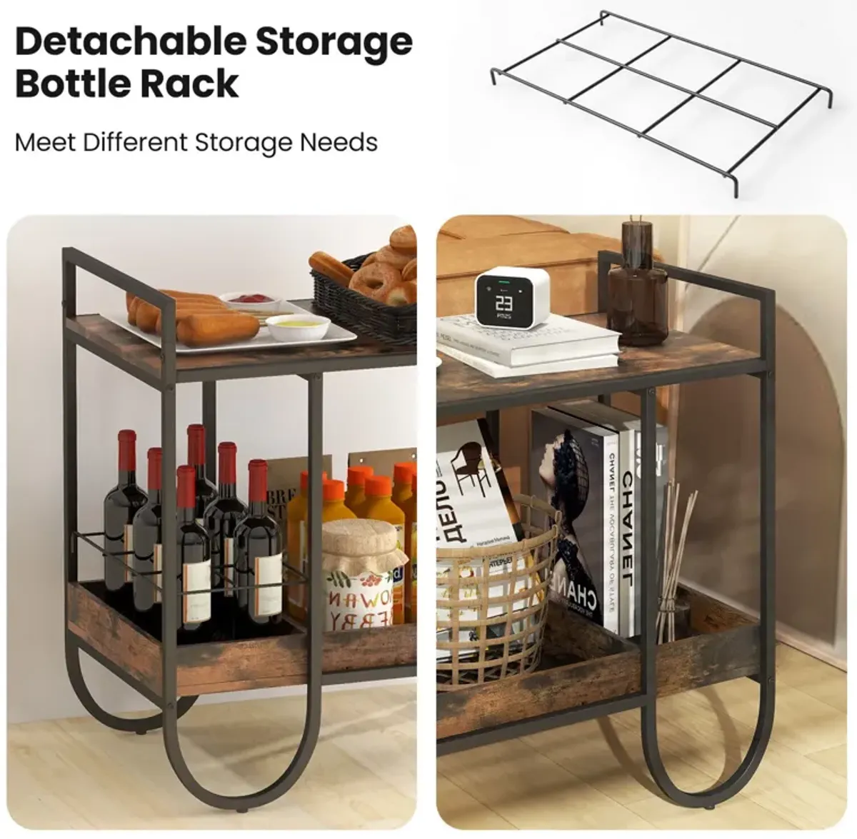 SUGIFT Rolling Buffet Serving Cart with Removable Metal Wire Wine Rack