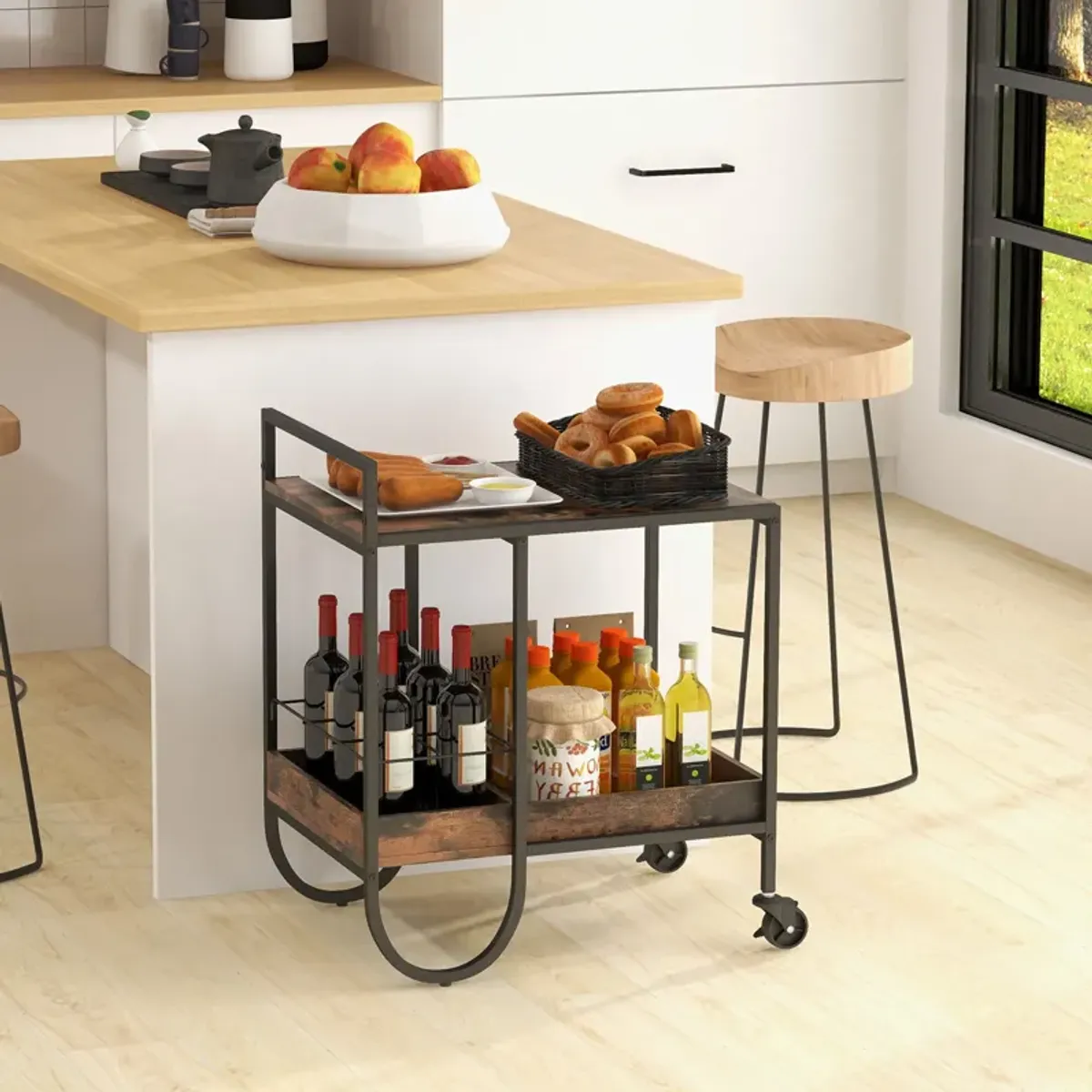 SUGIFT Rolling Buffet Serving Cart with Removable Metal Wire Wine Rack