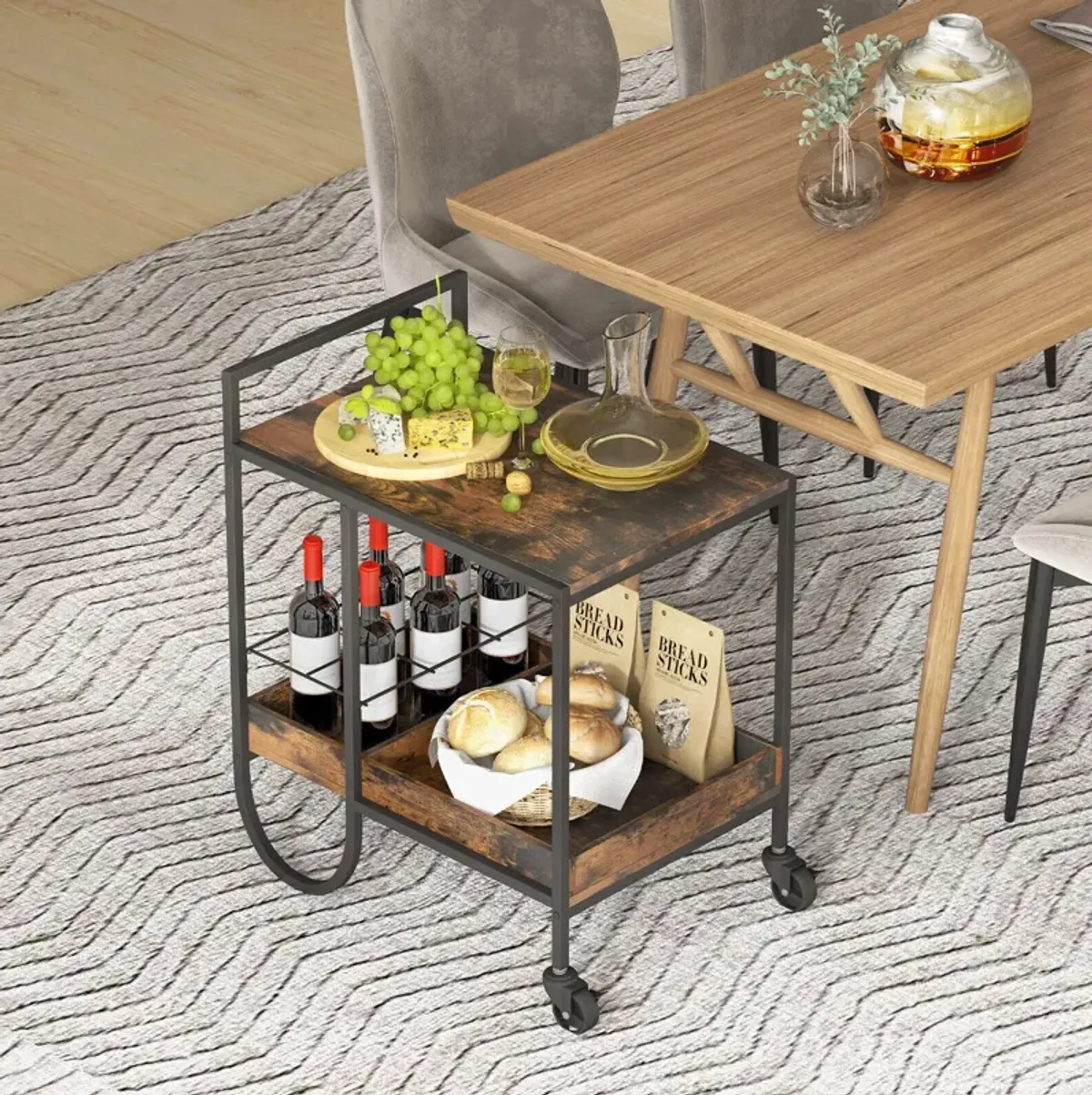 SUGIFT Rolling Buffet Serving Cart with Removable Metal Wire Wine Rack