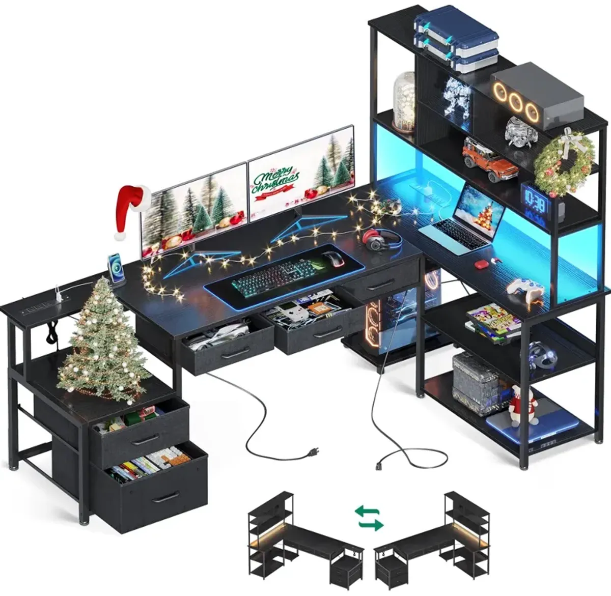 AODK 71 inch L Shaped Desk with File Drawers, Reversible L Shaped Gaming Desk with Power Outlets & LED Lights, Computer Desk wit