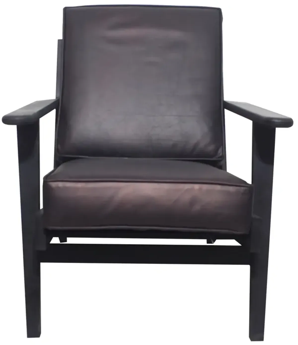 Amber Accent Chair, Handcrafted Slatted Mango Wood, Black Buffalo Leather Cushions, Angled Legs