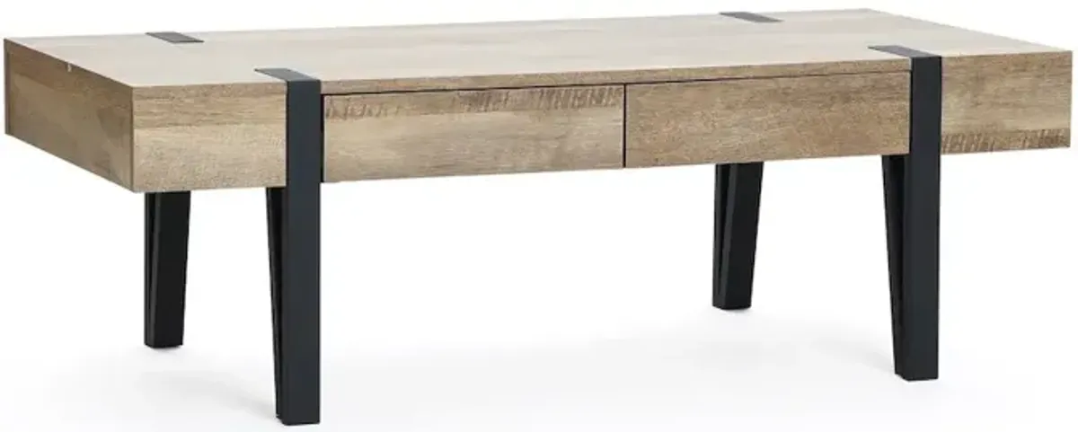 LuxenHome Oak Finish MDF Wood Black Metal 2-Drawer Coffee Table