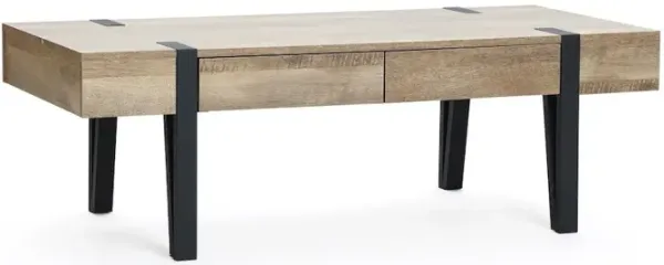 LuxenHome Oak Finish MDF Wood Black Metal 2-Drawer Coffee Table