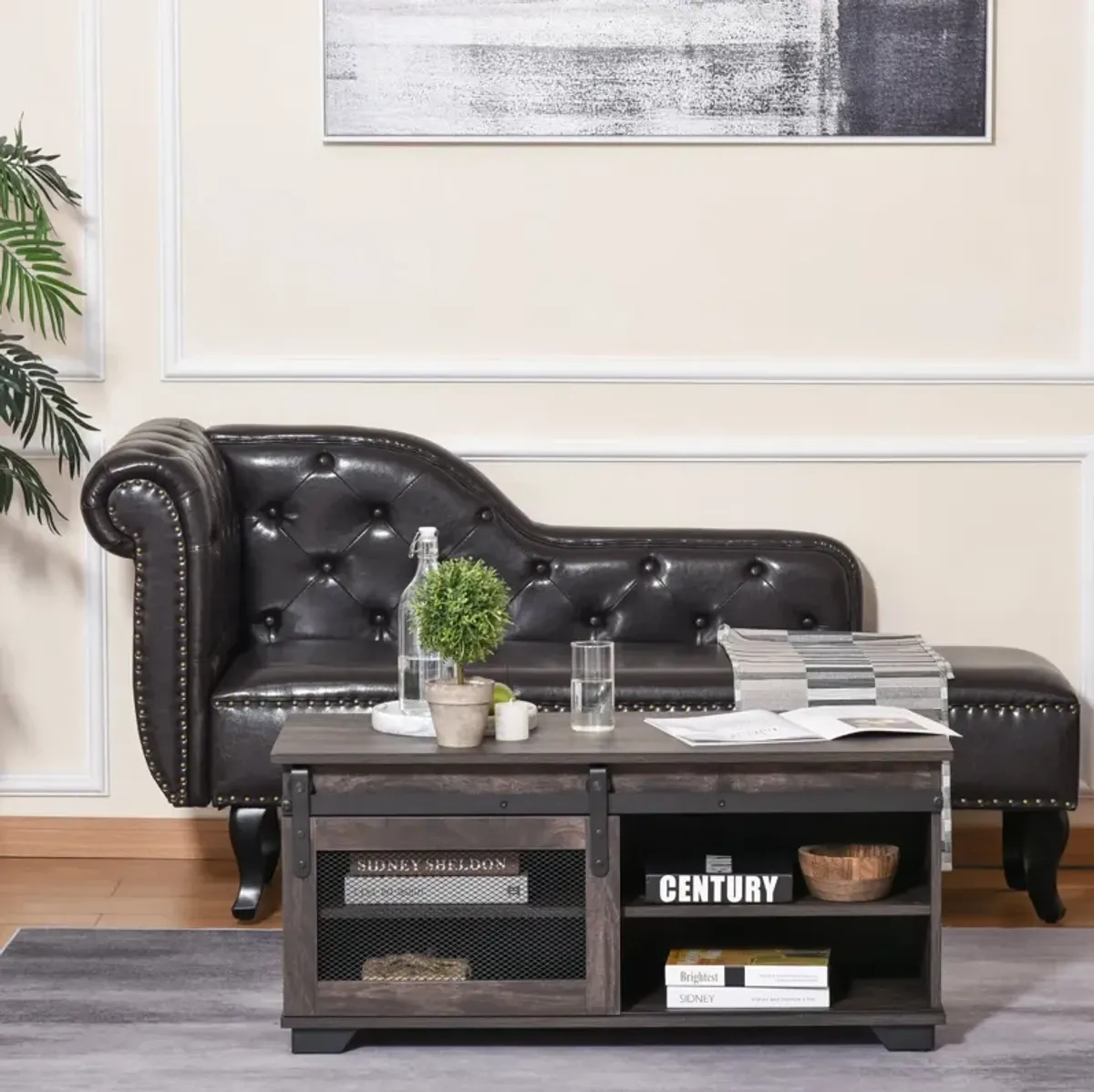 Dark Brown Rustic Table: Farmhouse Coffee Table with Sliding Barn Door