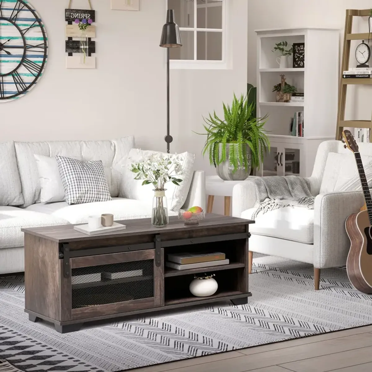 Dark Brown Rustic Table: Farmhouse Coffee Table with Sliding Barn Door