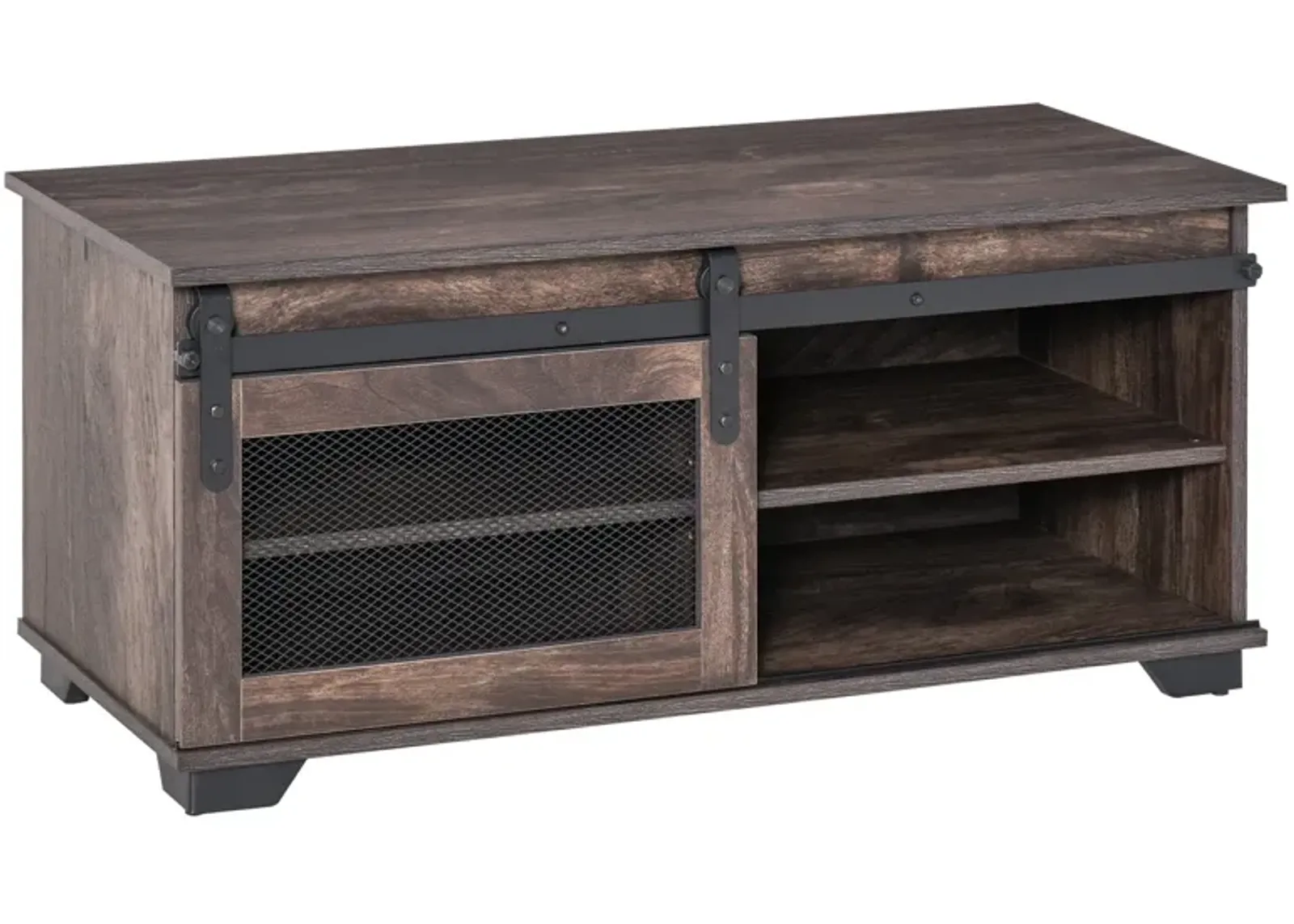 Dark Brown Rustic Table: Farmhouse Coffee Table with Sliding Barn Door