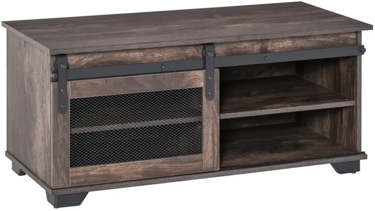 Dark Brown Rustic Table: Farmhouse Coffee Table with Sliding Barn Door