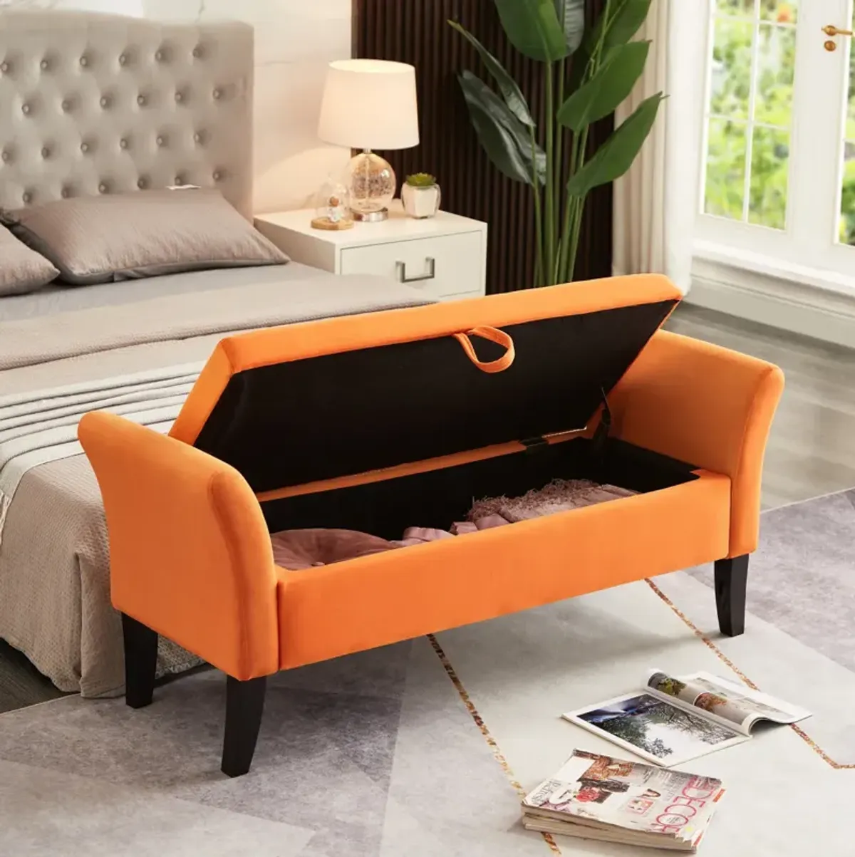 51.5" Bed Bench With Storage Orange Velvet