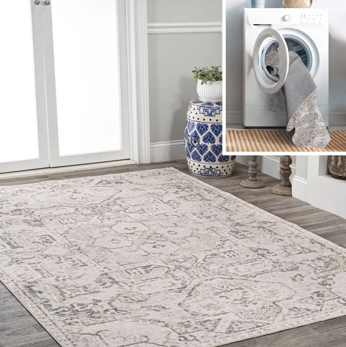 Edith Distressed Medallion Low-Pile Machine-Washable Cream/Light Gray Rug